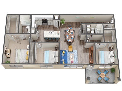 Floor plan for 3 beds, 2 baths, 1340 sqft